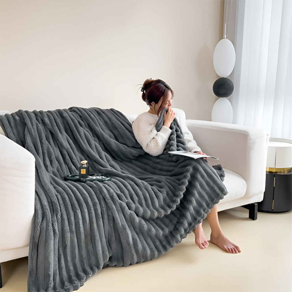 Throw Blanket Fleece Ultra Soft with Elastic Stripe Texture for Sofa Bed and Travel