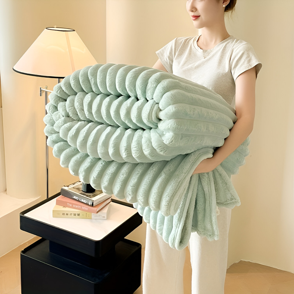Throw Blanket Fleece Ultra Soft with Elastic Stripe Texture for Sofa Bed and Travel