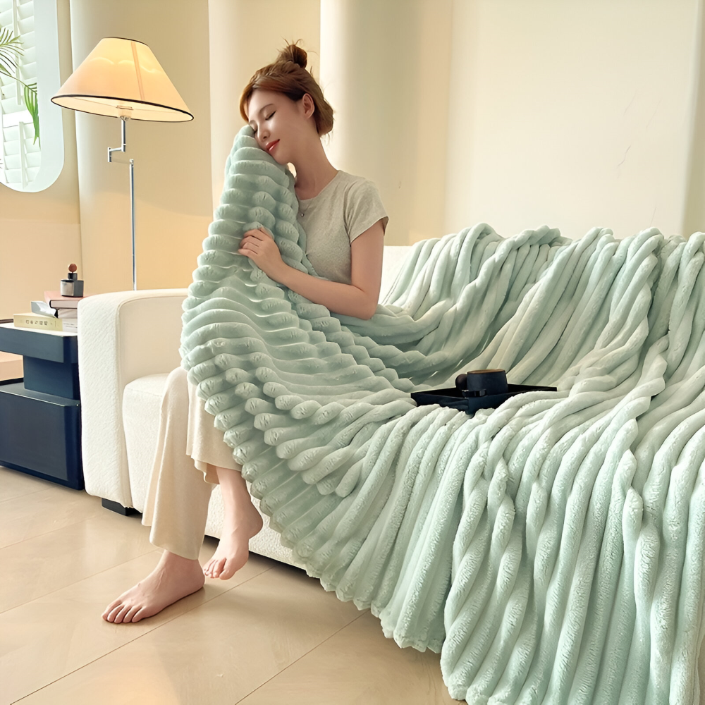 Throw Blanket Fleece Ultra Soft with Elastic Stripe Texture for Sofa Bed and Travel