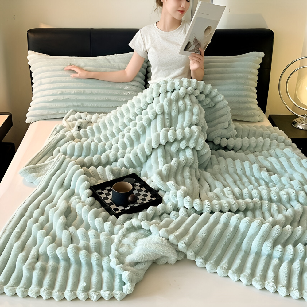 Throw Blanket Fleece Ultra Soft with Elastic Stripe Texture for Sofa Bed and Travel