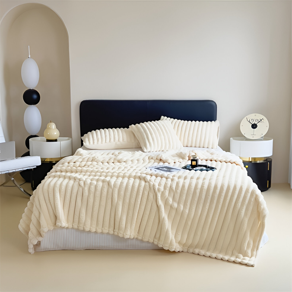 Throw Blanket Fleece Ultra Soft with Elastic Stripe Texture for Sofa Bed and Travel