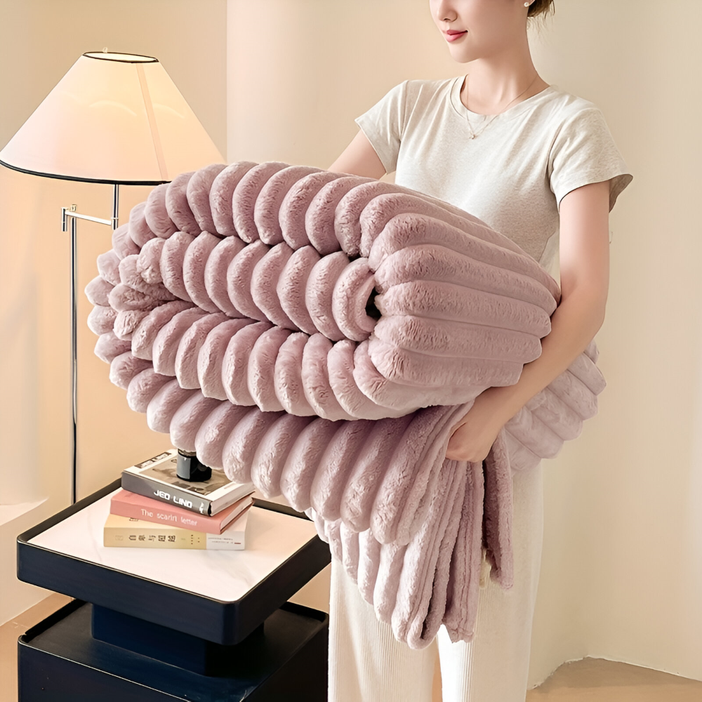 Throw Blanket Fleece Ultra Soft with Elastic Stripe Texture for Sofa Bed and Travel