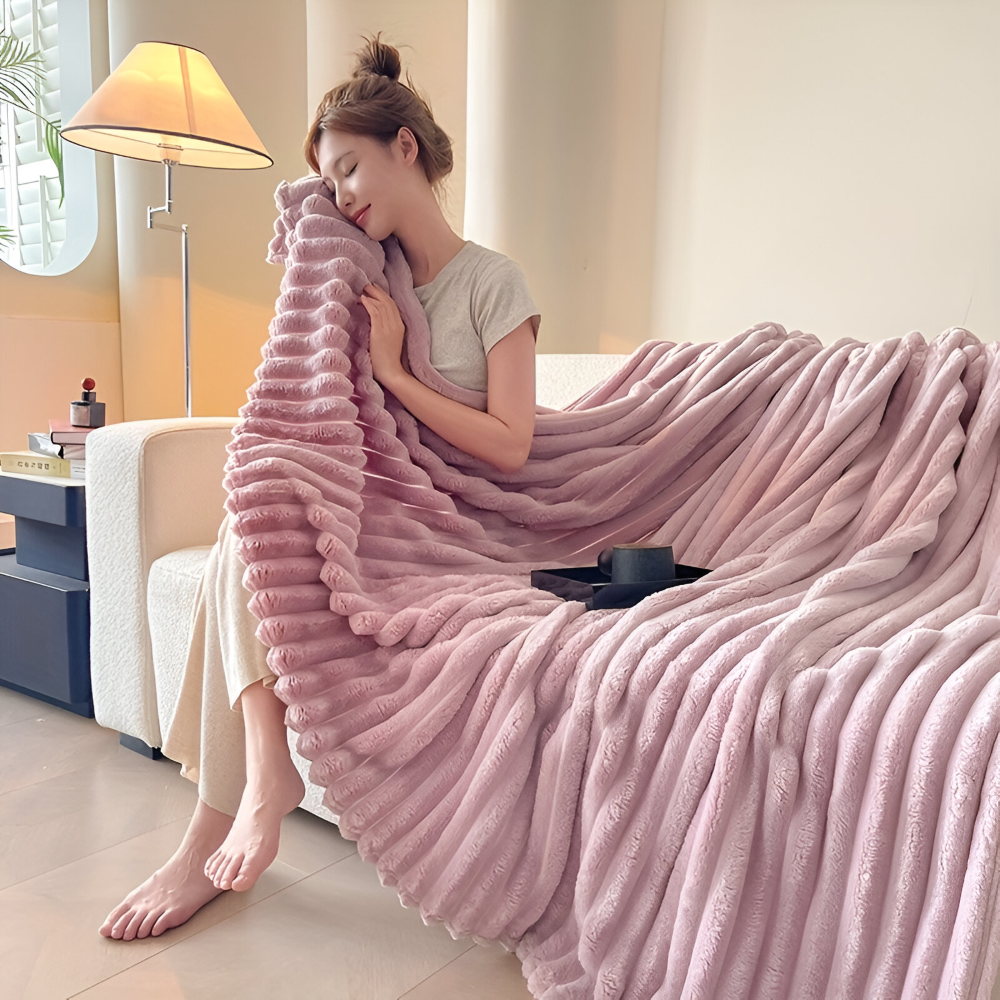 Throw Blanket Fleece Ultra Soft with Elastic Stripe Texture for Sofa Bed and Travel