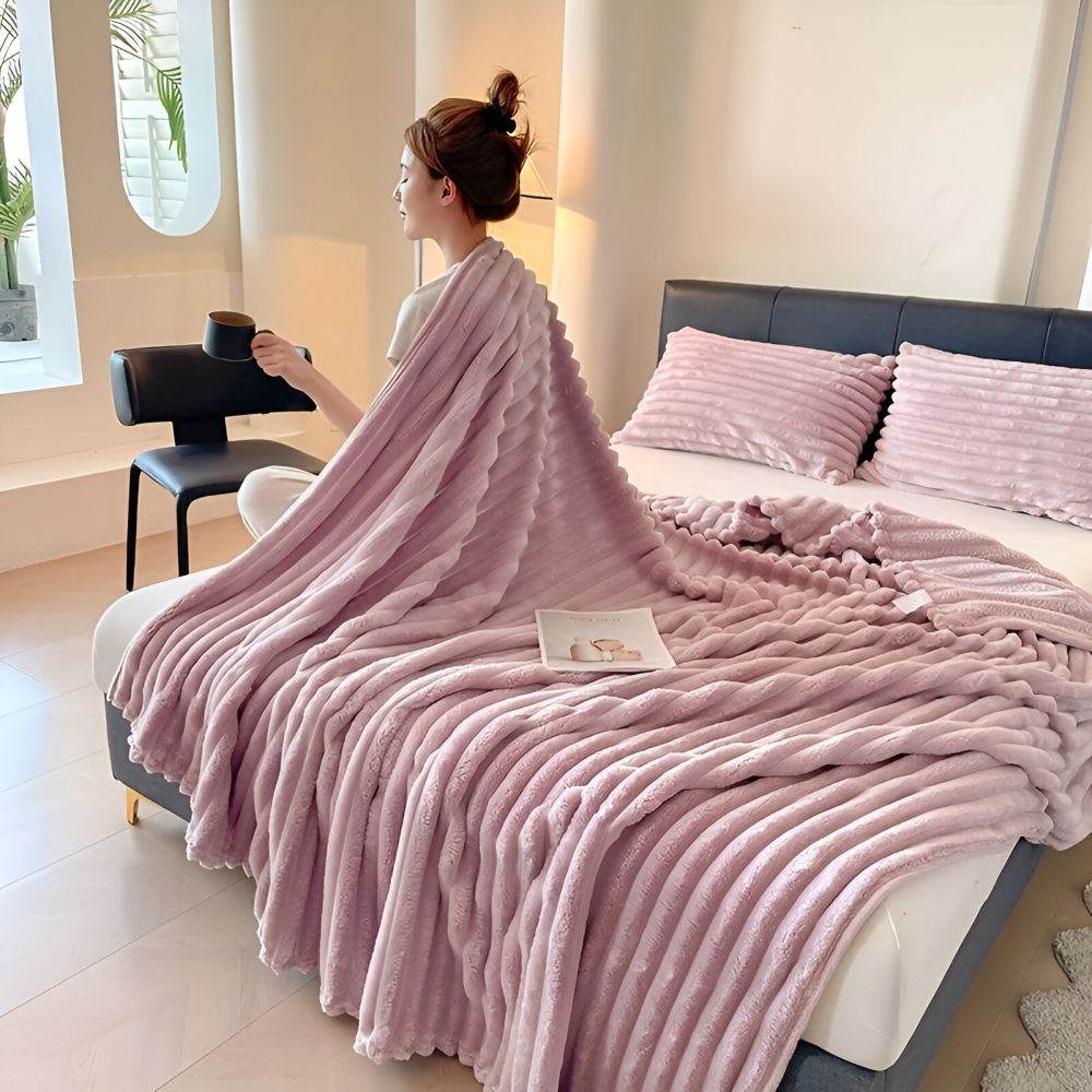 Throw Blanket Fleece Ultra Soft with Elastic Stripe Texture for Sofa Bed and Travel