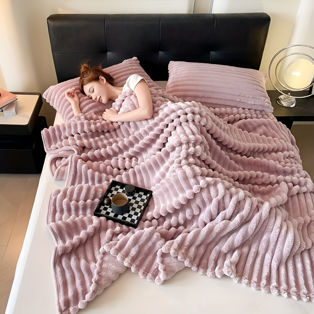 Throw Blanket Fleece Ultra Soft with Elastic Stripe Texture for Sofa Bed and Travel