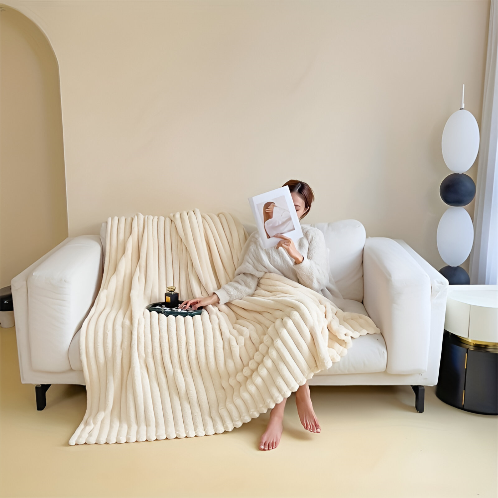 Throw Blanket Fleece Ultra Soft with Elastic Stripe Texture for Sofa Bed and Travel