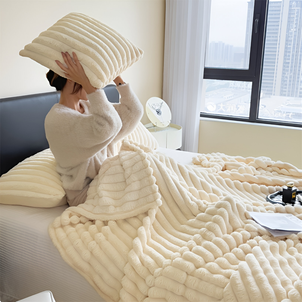 Throw Blanket Fleece Ultra Soft with Elastic Stripe Texture for Sofa Bed and Travel