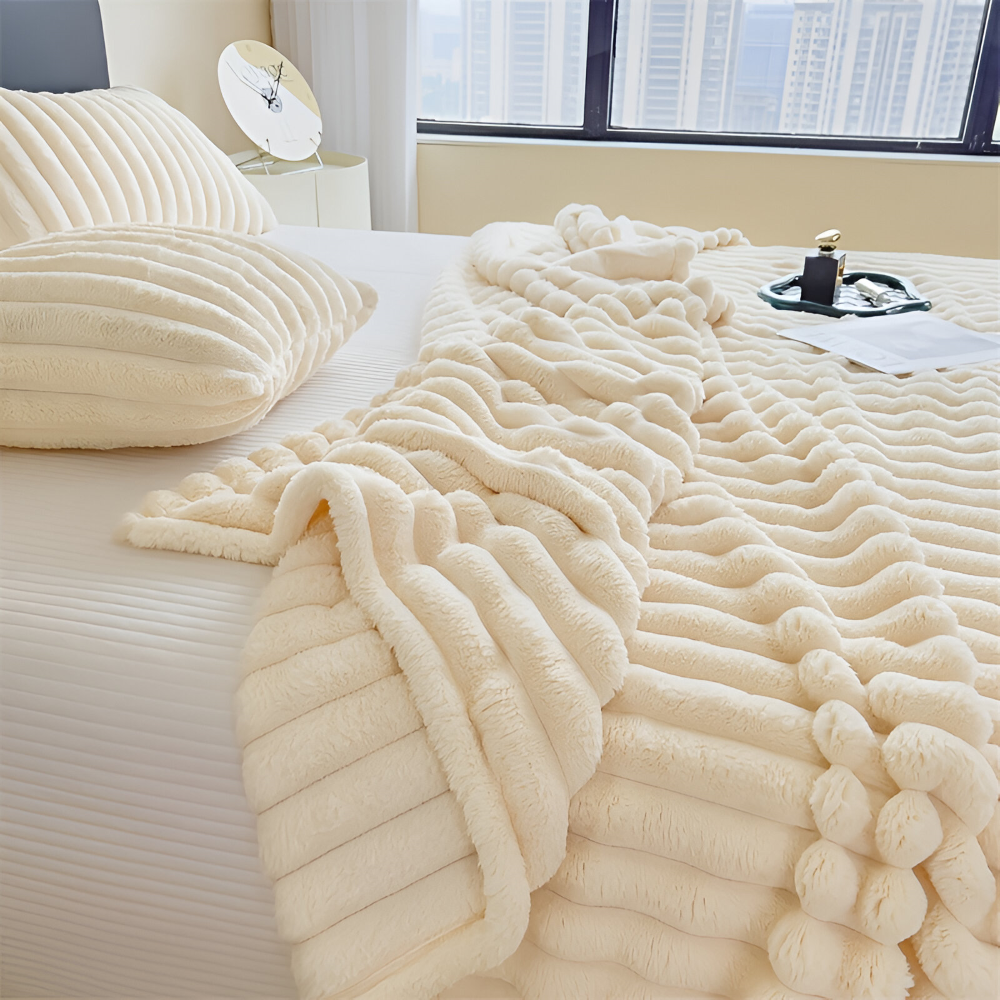 Throw Blanket Fleece Ultra Soft with Elastic Stripe Texture for Sofa Bed and Travel