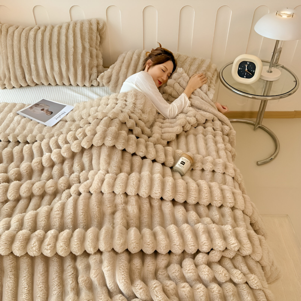 Throw Blanket Fleece Ultra Soft with Elastic Stripe Texture for Sofa Bed and Travel