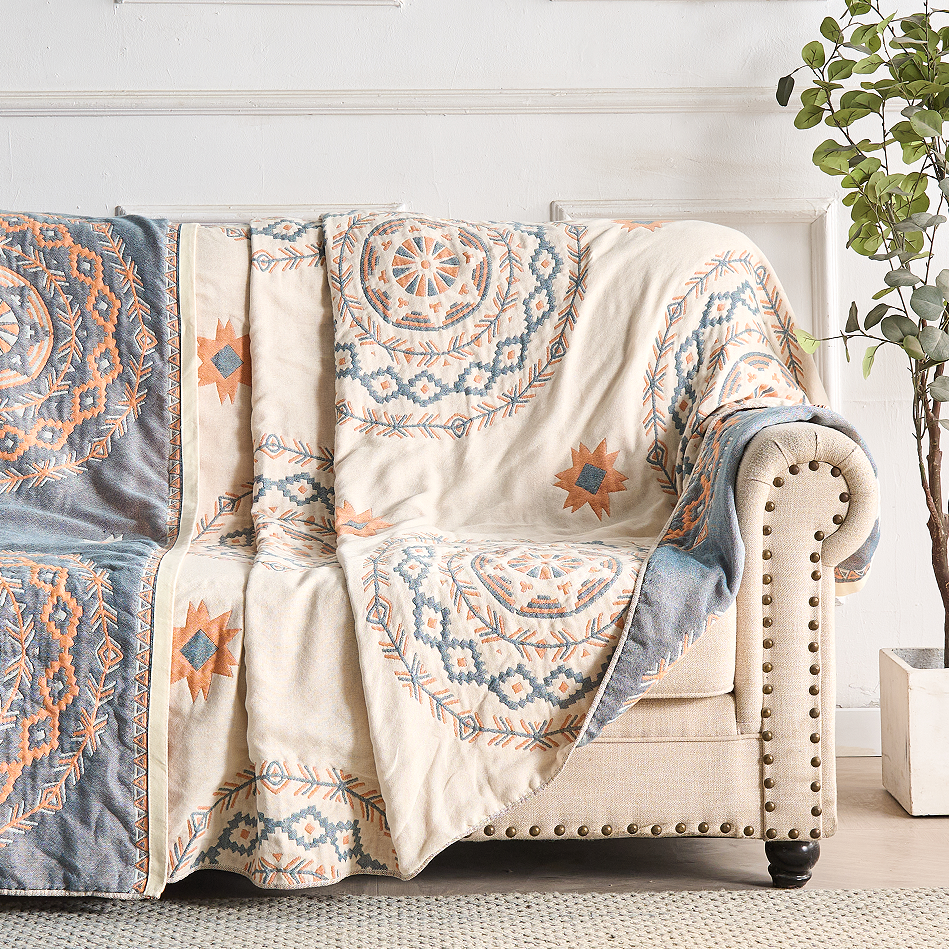 Throw Blanket Cotton with Woven Mandala Pattern for Sofa and Bed in Boho Style