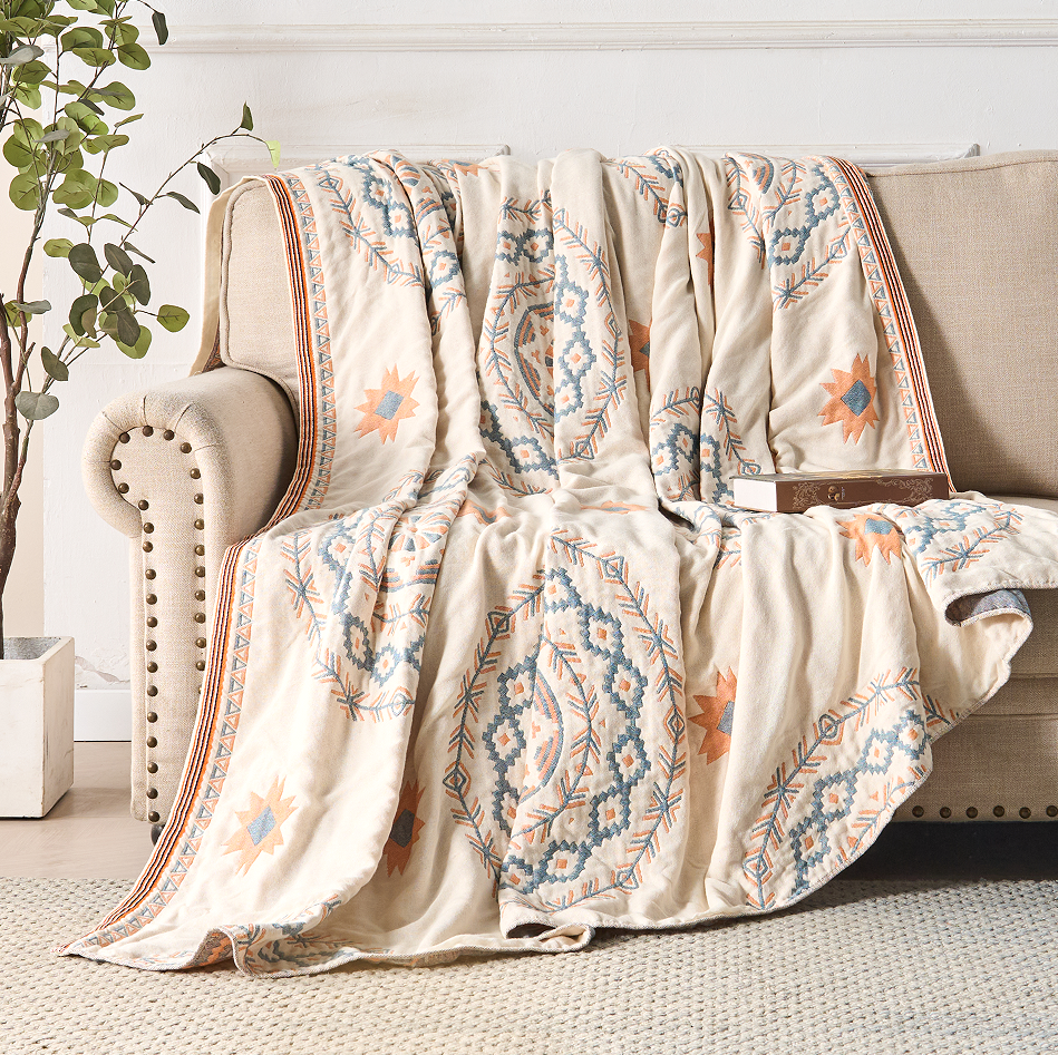 Throw Blanket Cotton with Woven Mandala Pattern for Sofa and Bed in Boho Style
