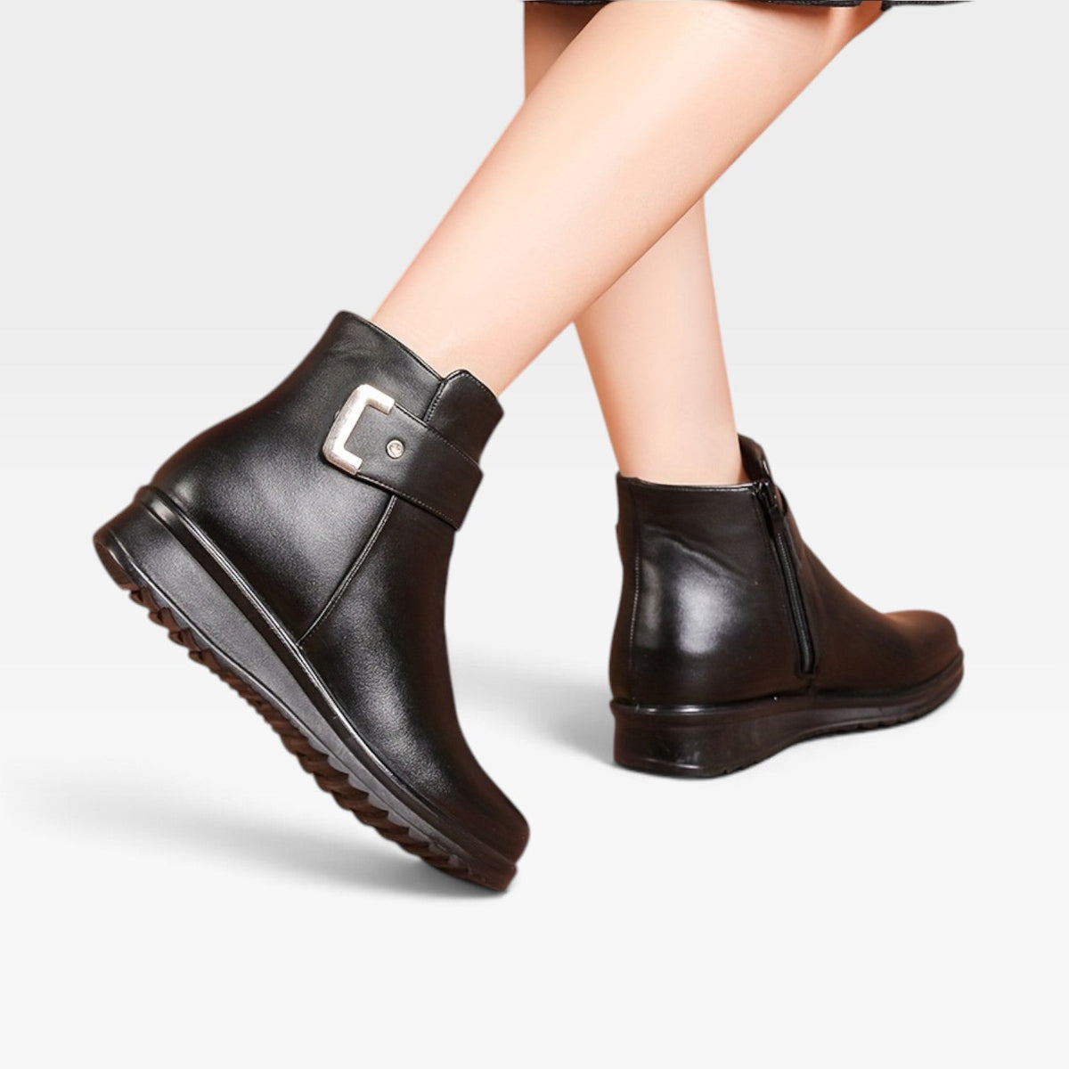 Orthopedic Ankle Boots Leather for Women with Cushioned Wedge Sole and Buckle Strap