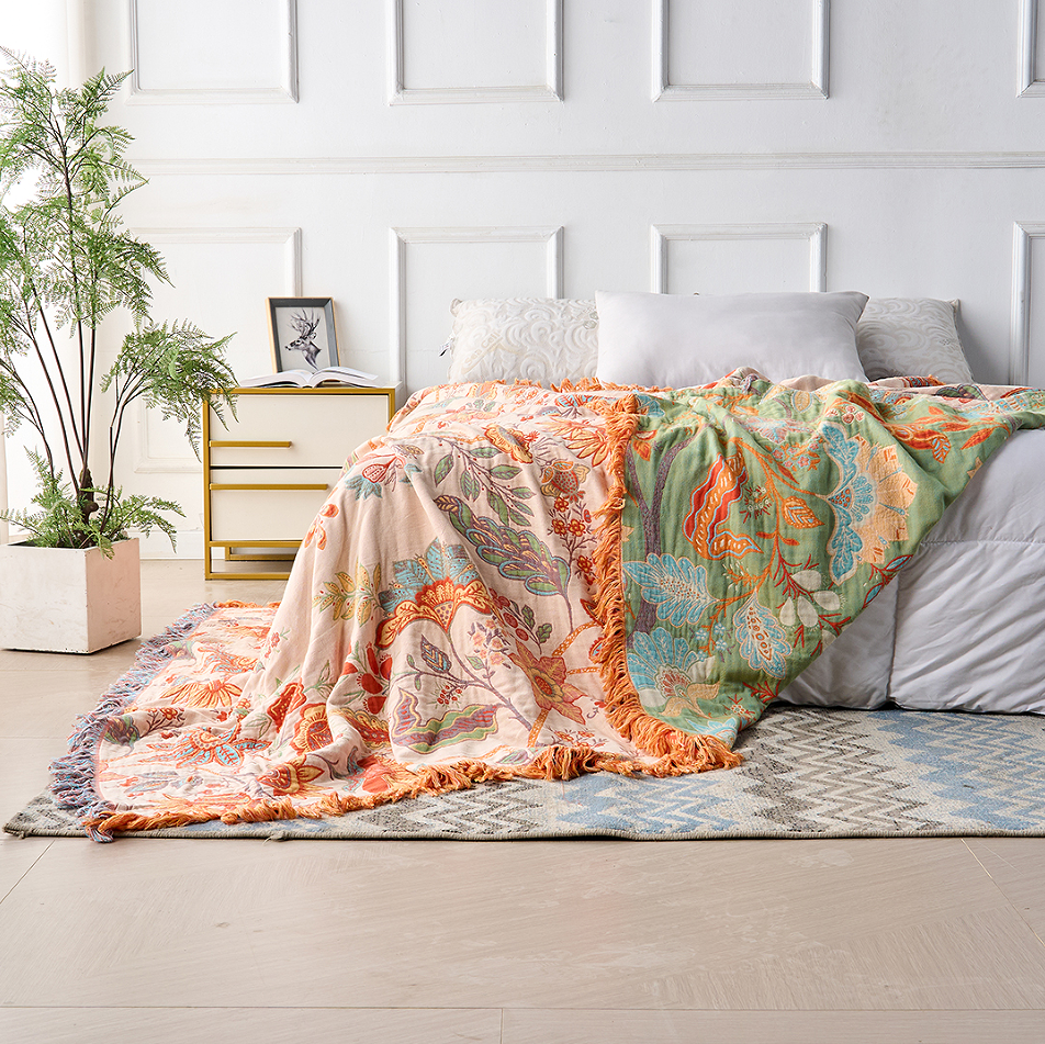 Cotton Blankets Boho Floral Throw with Fringed Edge for Sofa and Bedroom