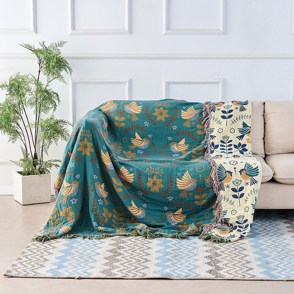 Cotton Blankets Reversible Pure Woven Throw with Scandinavian Bird Pattern
