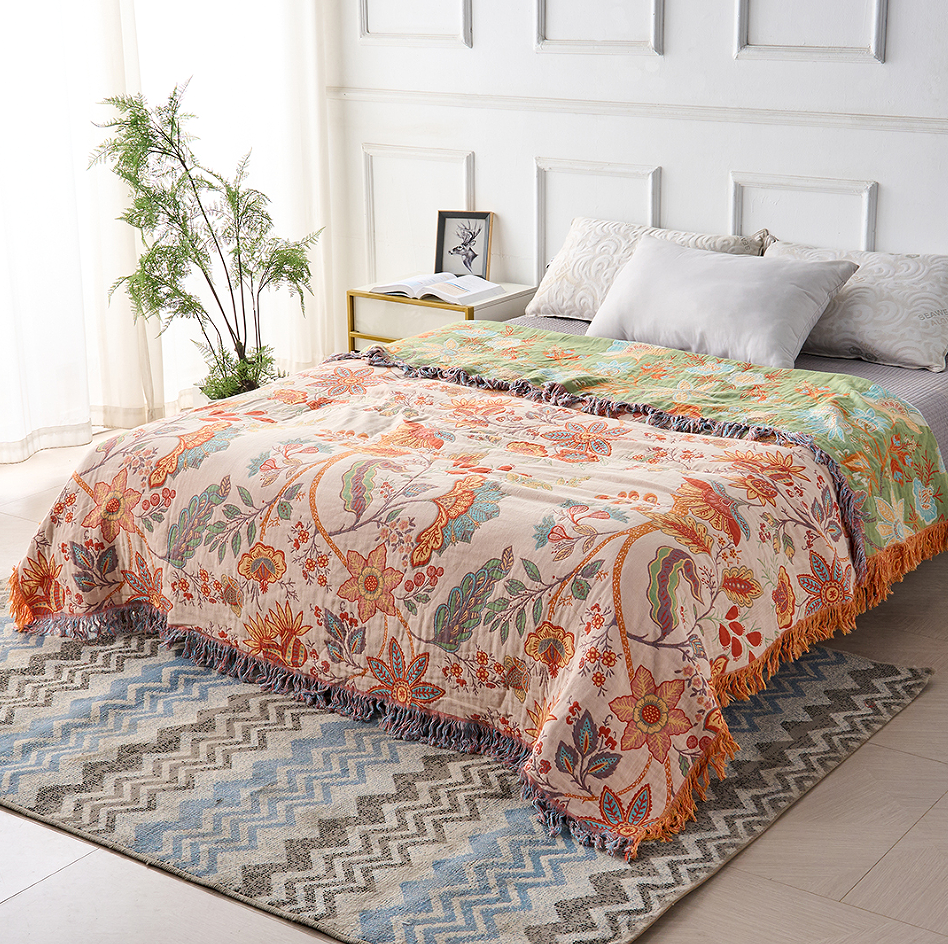 Cotton Blankets Boho Floral Throw with Fringed Edge for Sofa and Bedroom
