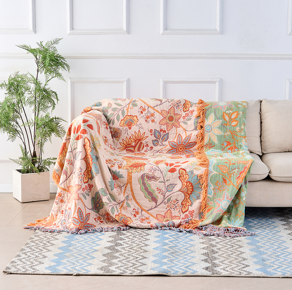 Cotton Blankets Boho Floral Throw with Fringed Edge for Sofa and Bedroom