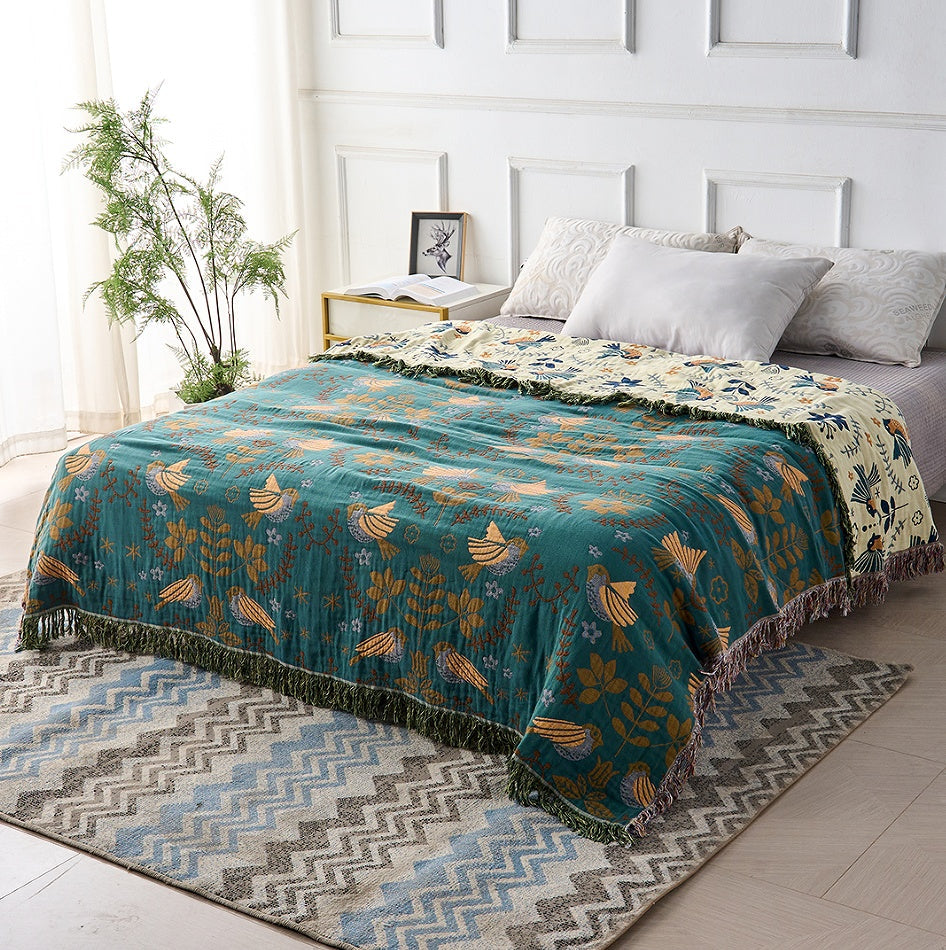 Cotton Blankets Reversible Pure Woven Throw with Scandinavian Bird Pattern