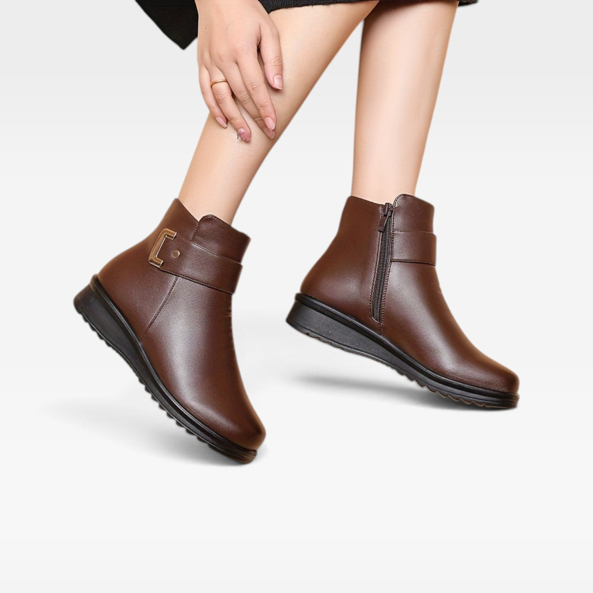 Orthopedic Ankle Boots Leather for Women with Cushioned Wedge Sole and Buckle Strap