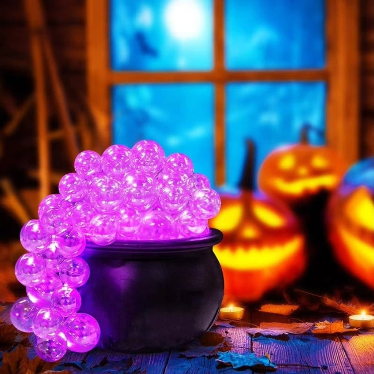 Halloween Cauldron Decoration Black Plastic Pot with Glowing Purple LED Orbs Spilling Over