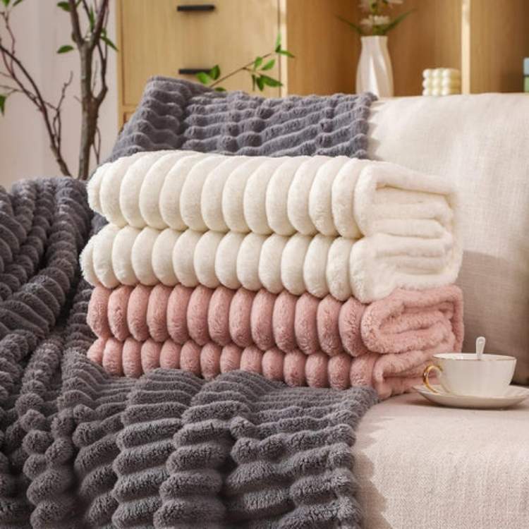Faux Fur Blanket Plush Striped Throw Warm Without Heaviness for Bed and Sofa