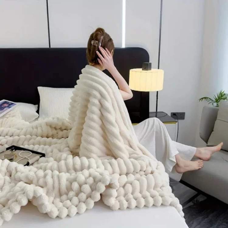Faux Fur Blanket Plush Striped Throw Warm Without Heaviness for Bed and Sofa