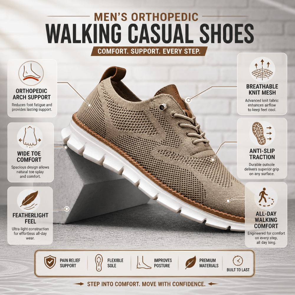 Orthopedic Walking Shoes for Men with Advanced Arch Support and Wide Toe Box