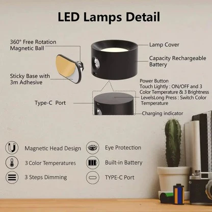 Wall Light Rechargeable Magnetic Lamp with 360 Degree Rotation for Any Room