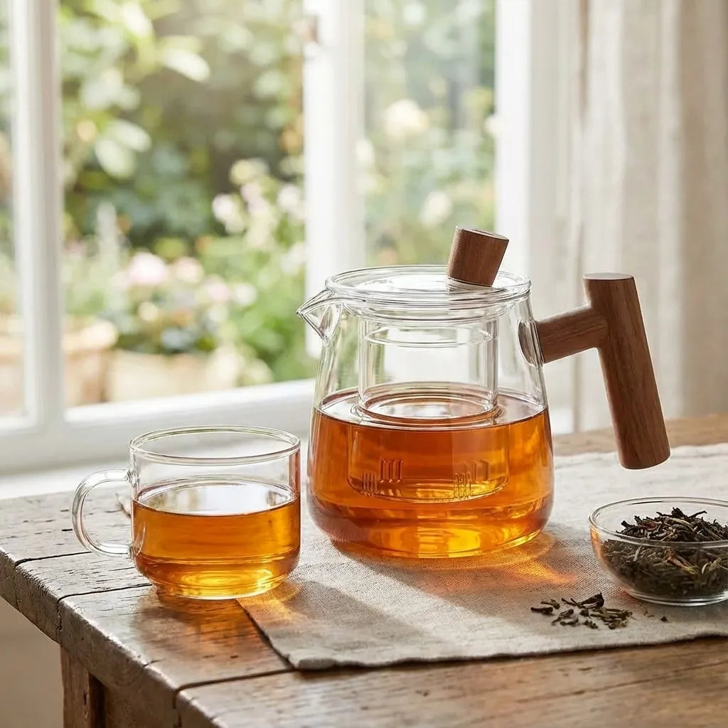 Tea Infuser Glass Teapot Borosilicate with Wooden Handle for Loose Leaf Brewing