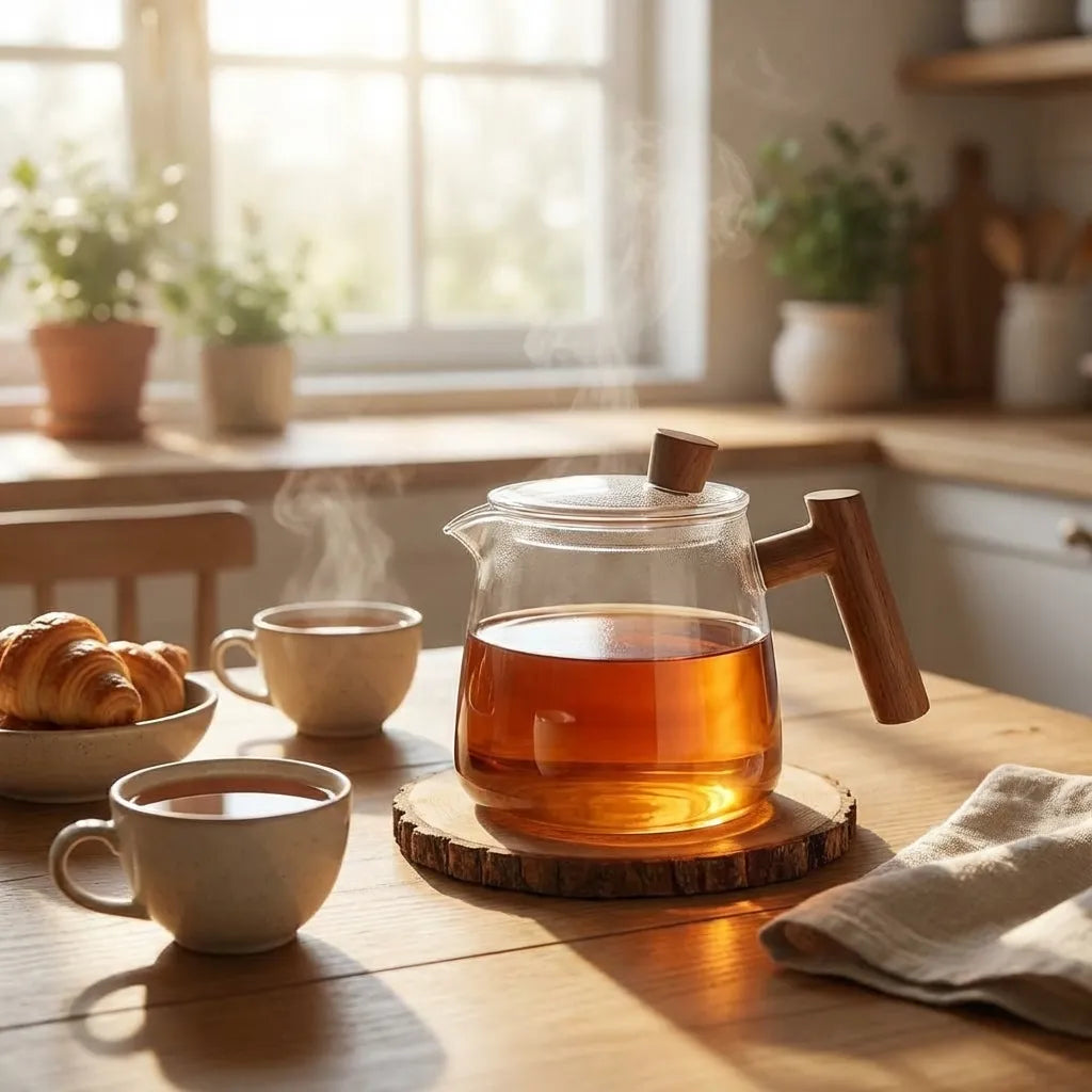 Tea Infuser Glass Teapot Borosilicate with Wooden Handle for Loose Leaf Brewing