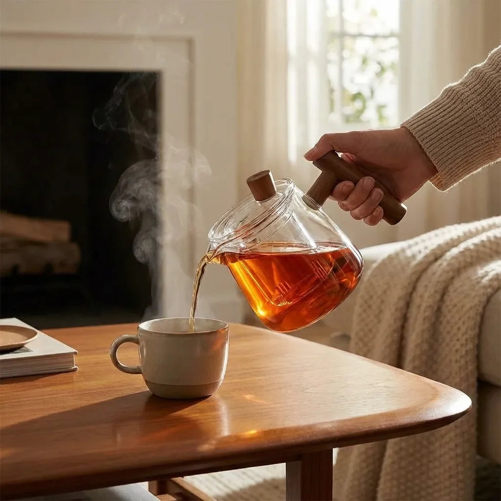 Tea Infuser Glass Teapot Borosilicate with Wooden Handle for Loose Leaf Brewing