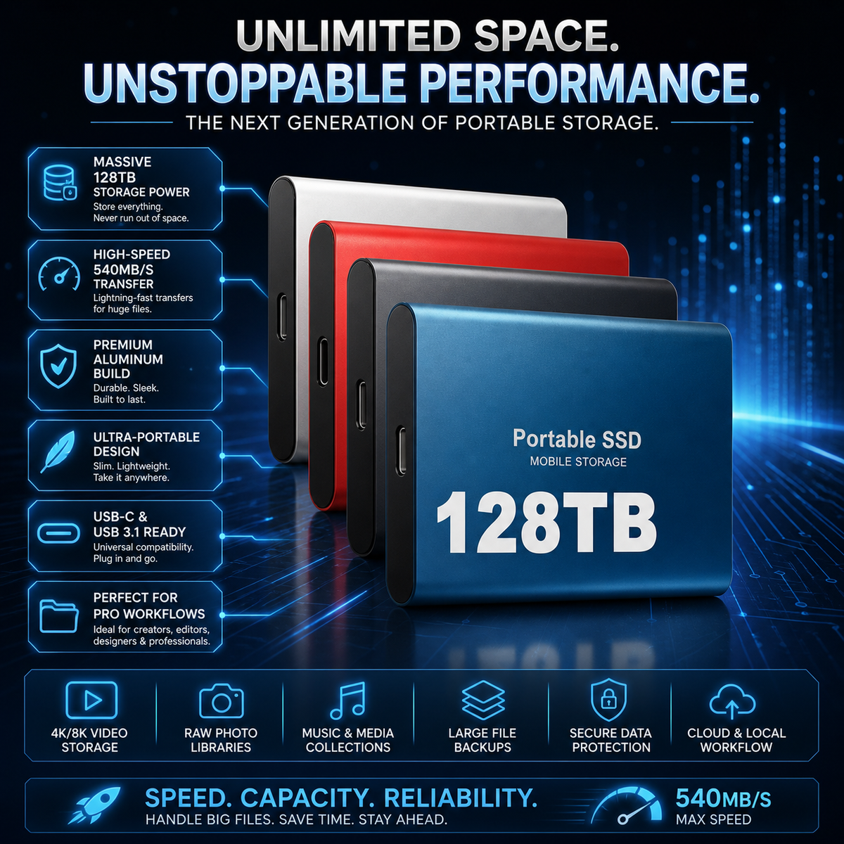 Solid State Drive External Portable SSD with USB Connection for Fast File Transfers