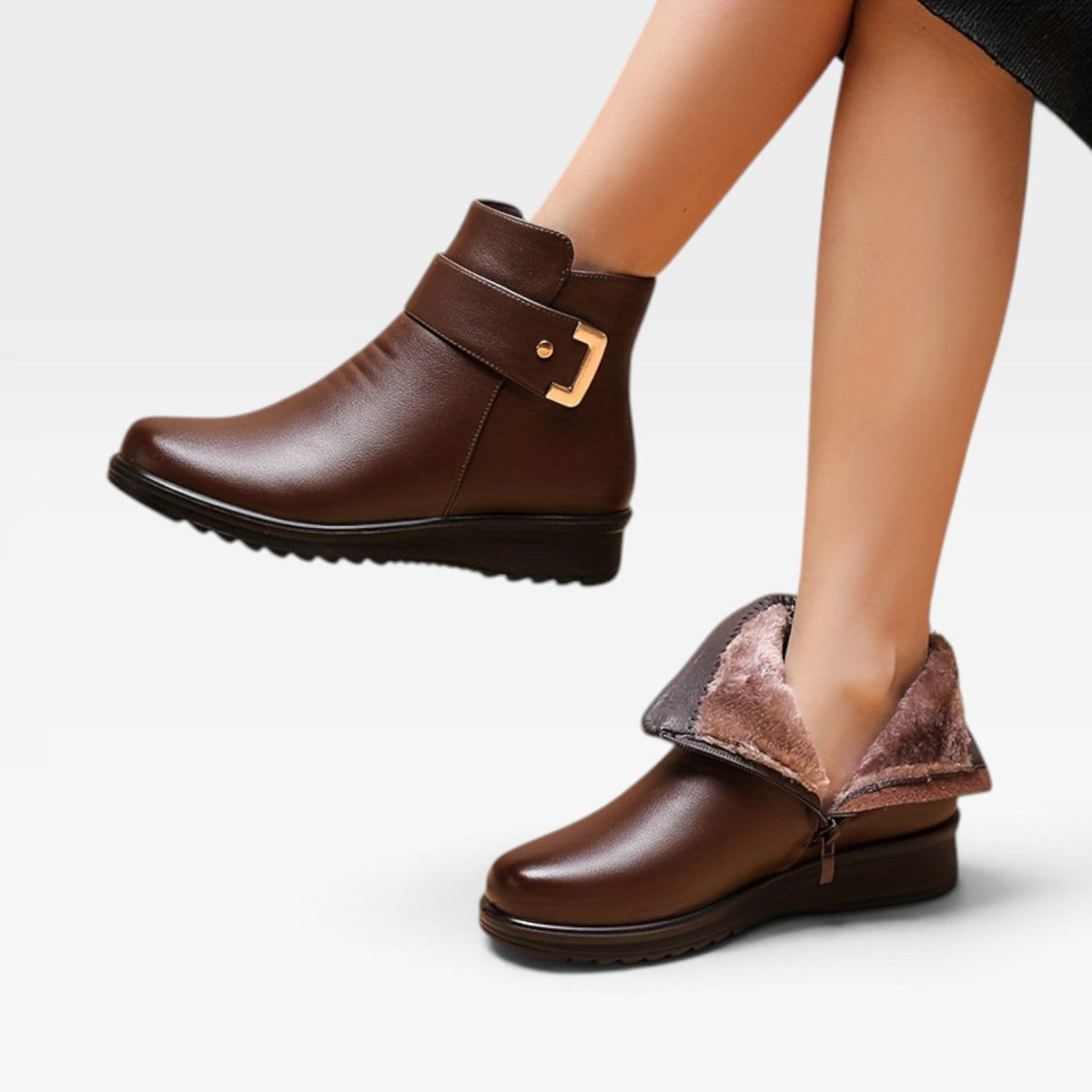 Orthopedic Ankle Boots Leather for Women with Cushioned Wedge Sole and Buckle Strap