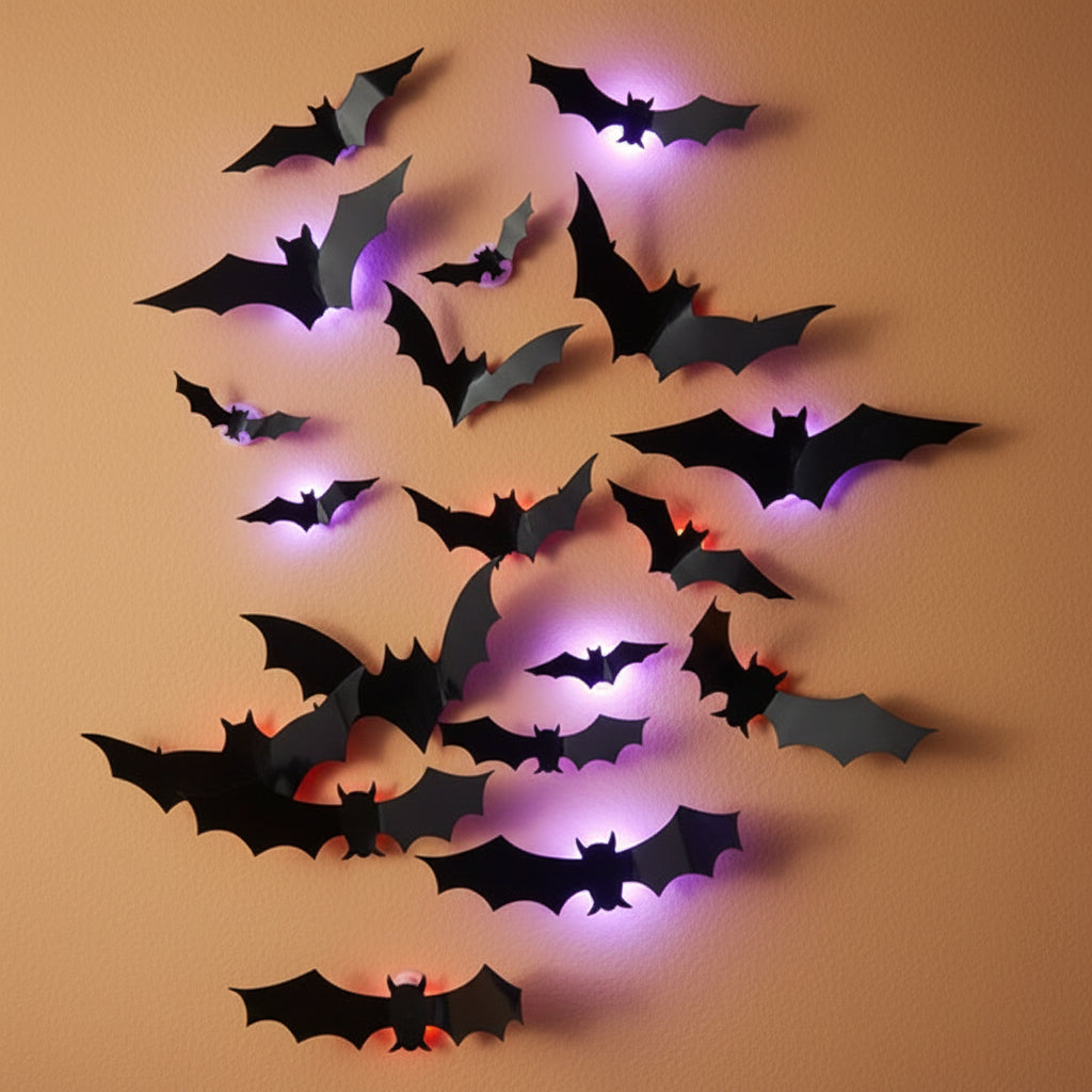 Halloween Decorations 3D Bat Wall Set with Purple and Orange Backlit Glow for Feature Displays