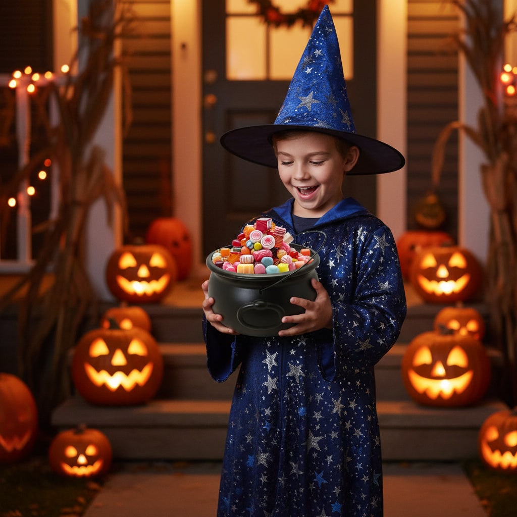 Halloween Decorations Hanging Cauldron 32cm Black Candy Bucket for Trick or Treat Displays