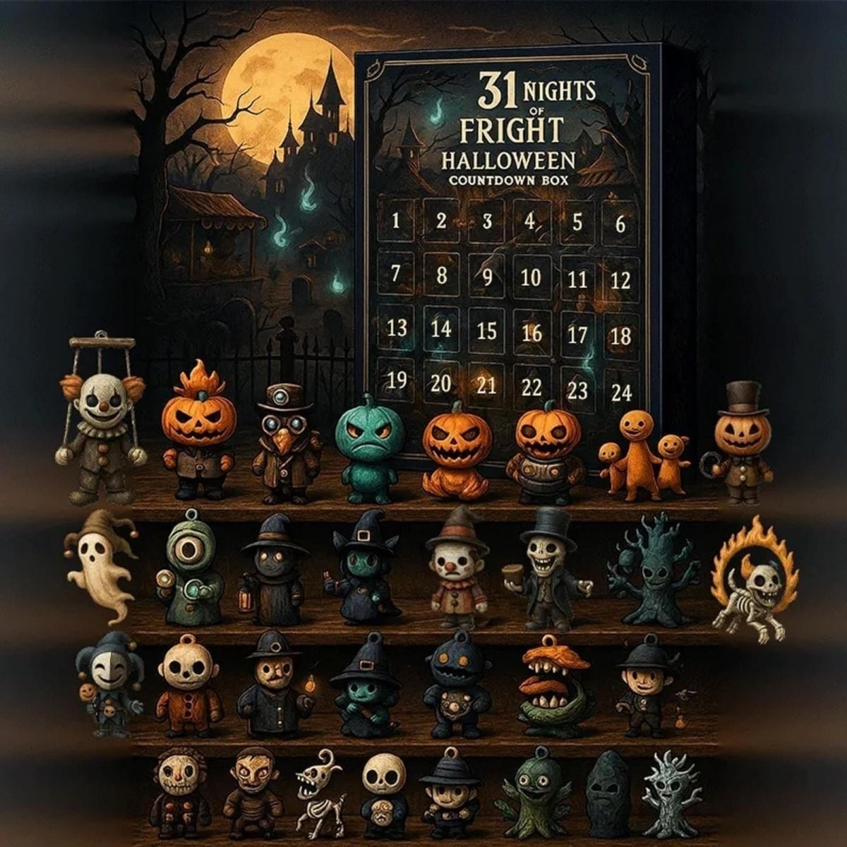 Halloween Advent Calendar Countdown with Daily Figure Reveal in Seven Fifteen or 31 Days