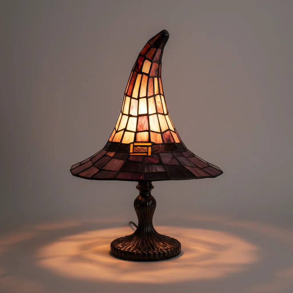 Halloween Decorations Witch Hat Stained Glass Table Lamp with Sculpted Metal Base