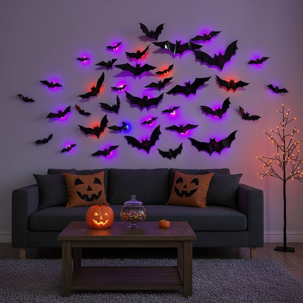Halloween Decorations 3D Bat Window Clings Reusable Foldable LED Wall Light Set