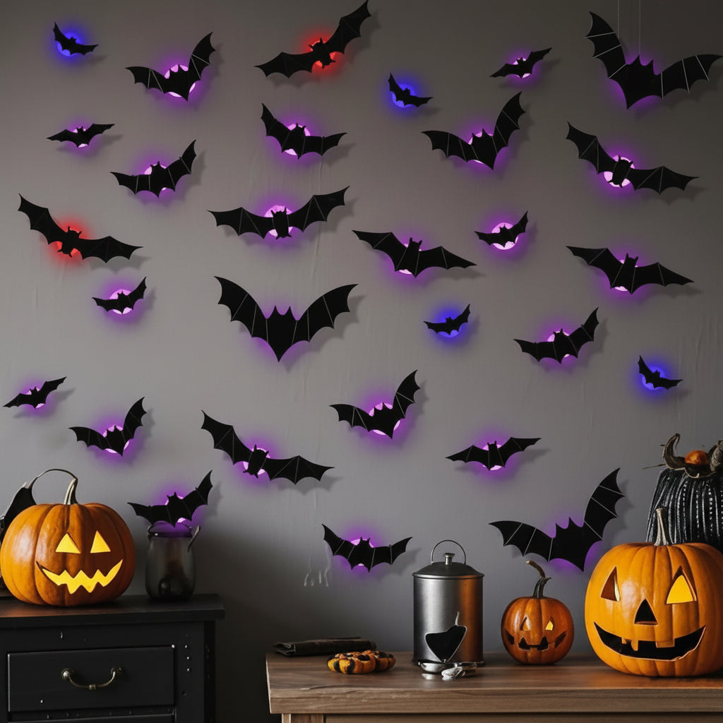 Halloween Decorations 3D Bat Window Clings Reusable Foldable LED Wall Light Set