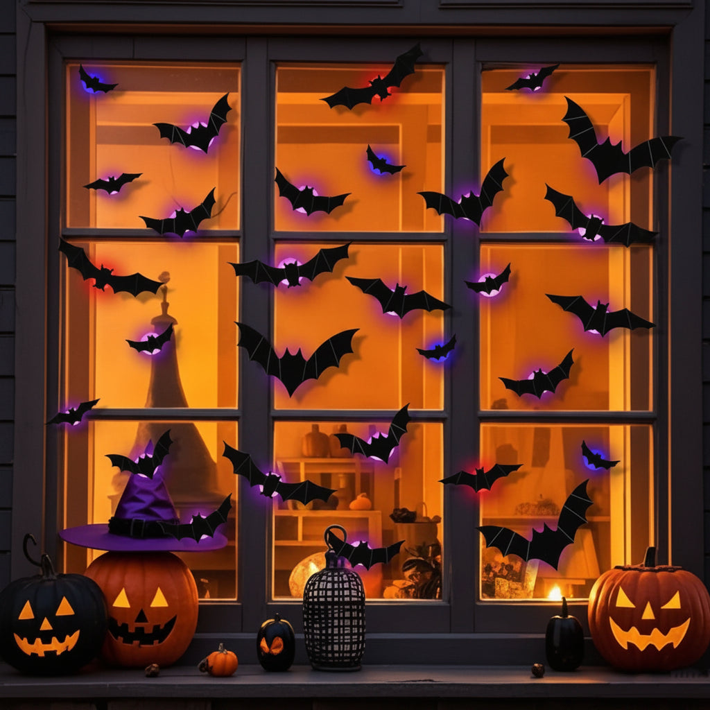 Halloween Decorations 3D Bat Window Clings Reusable Foldable LED Wall Light Set
