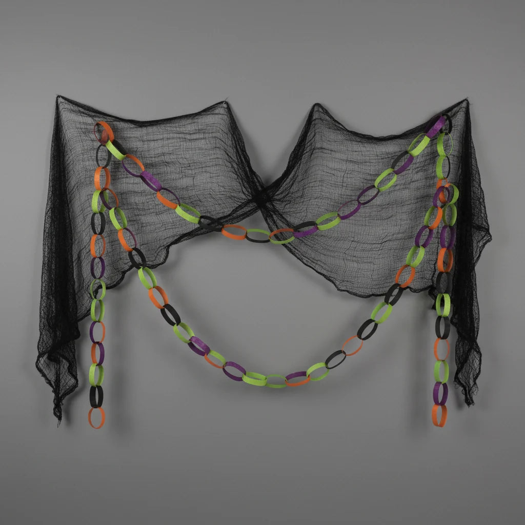 Scary Halloween Decorations Black Gauze Creepy Cloth with Paper Chain Garland Set