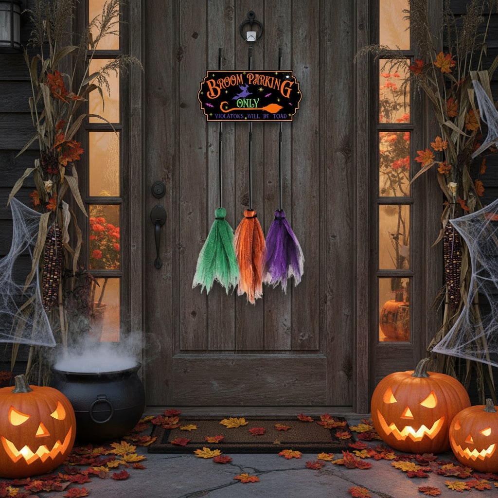 Halloween Decorations Broom Parking Sign for Doors Walls Gardens Patios and Entryways