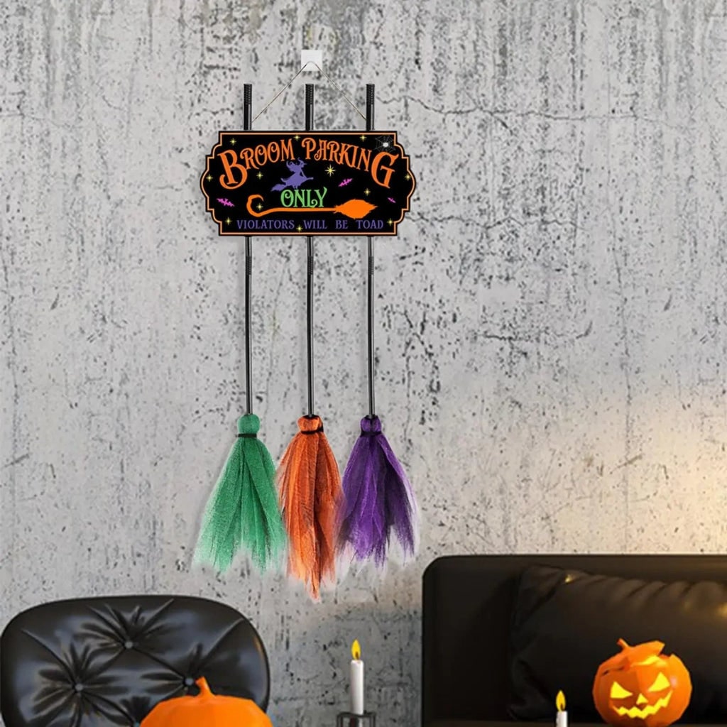 Halloween Decorations Broom Parking Sign for Doors Walls Gardens Patios and Entryways