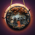 Halloween Decorations Round Wall Plaque with Sculpted Witch Coven Scene and Autumn Canopy