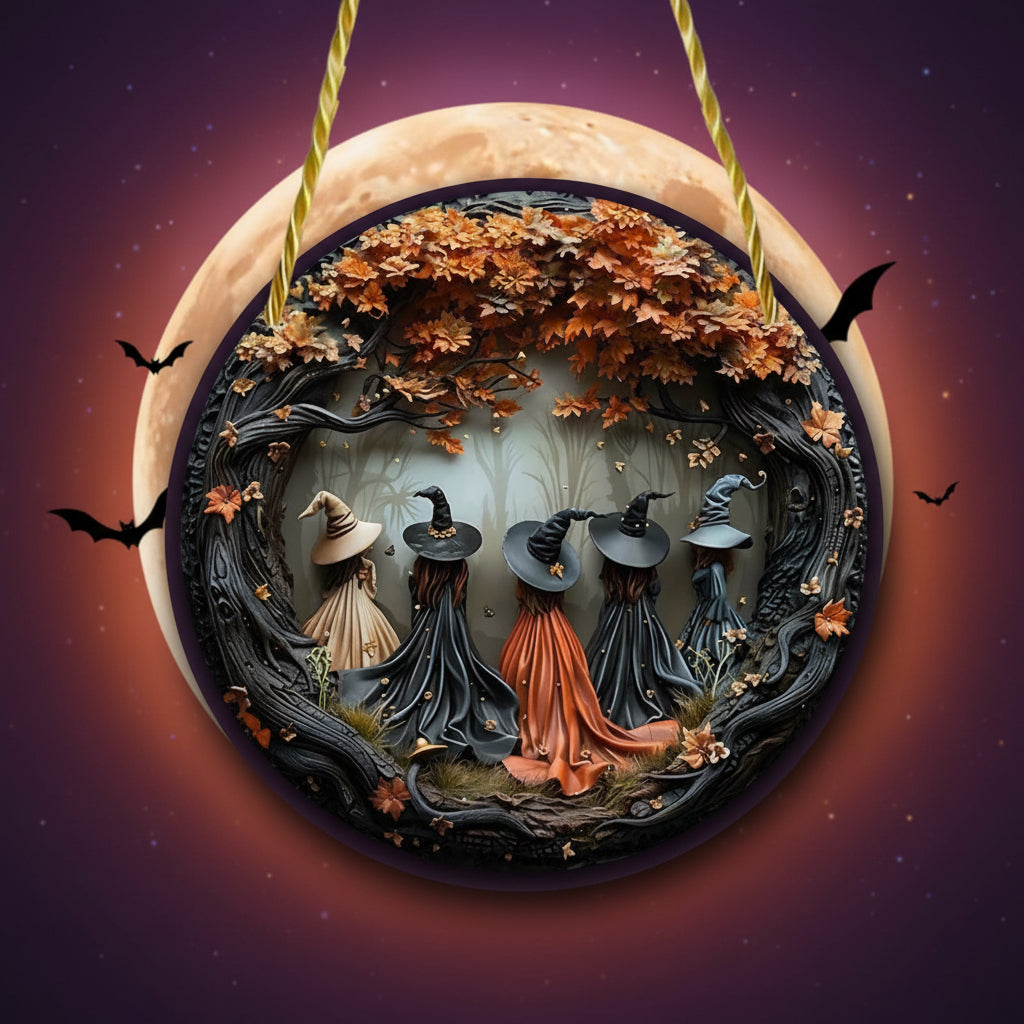 Halloween Decorations Round Wall Plaque with Sculpted Witch Coven Scene and Autumn Canopy