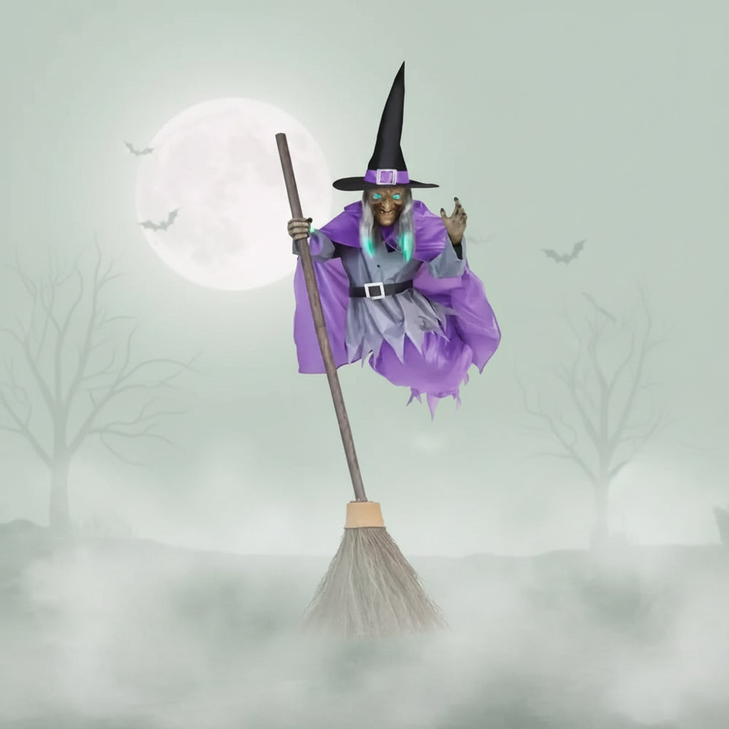 Scary Outdoor Halloween Decorations Hanging Witch on a Broom with Light Up Eyes