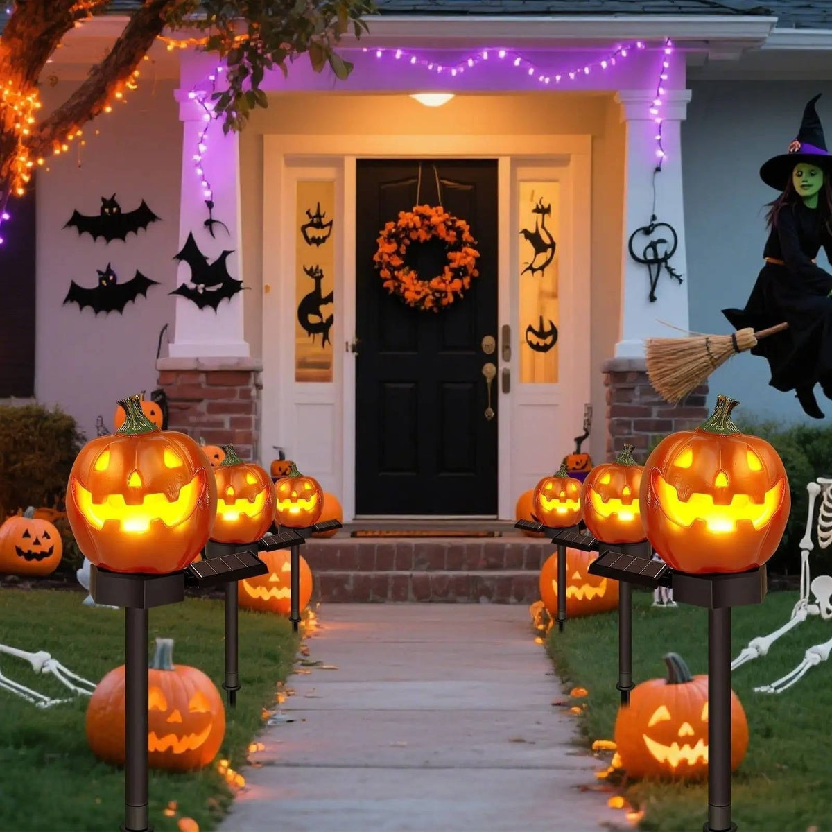 Halloween Jack O Lantern Solar Pathway Lights Weatherproof Yard Stakes with Auto On Sensor