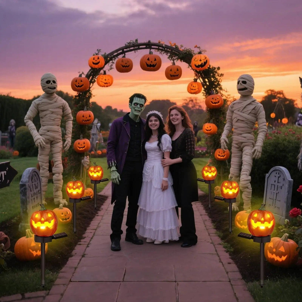 Halloween Jack O Lantern Solar Pathway Lights Weatherproof Yard Stakes with Auto On Sensor