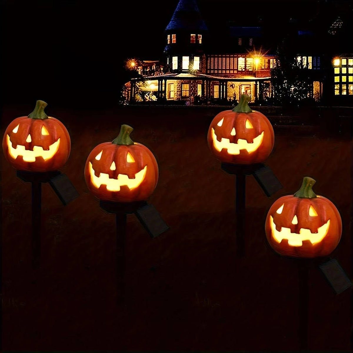 Halloween Jack O Lantern Solar Pathway Lights Weatherproof Yard Stakes with Auto On Sensor