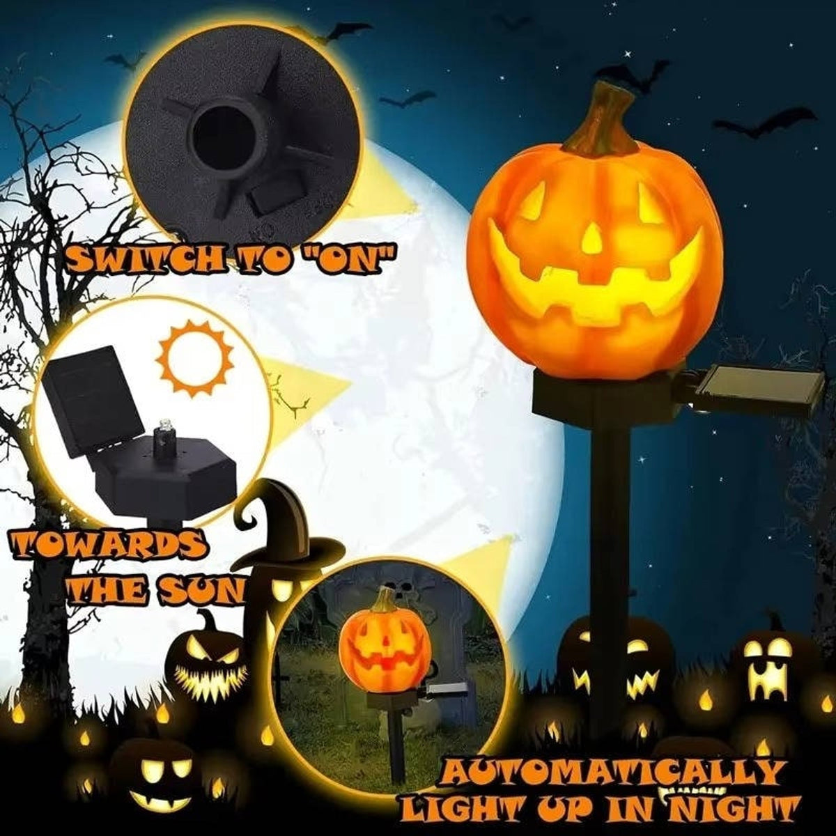 Halloween Jack O Lantern Solar Pathway Lights Weatherproof Yard Stakes with Auto On Sensor
