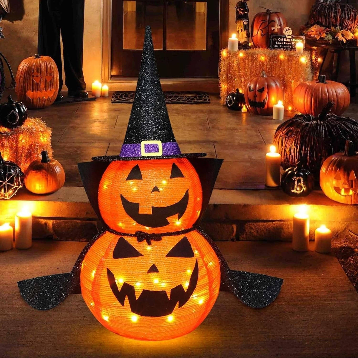 Halloween Pumpkin Decorations Lighted Stacked Jack O Lantern with Witch Hat and Cape